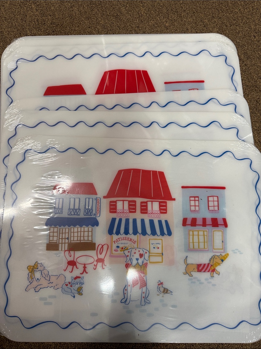 Set of 6 Pillowfort Placemat Set W/Red, Blue, Pink & Brown Village Dog Print